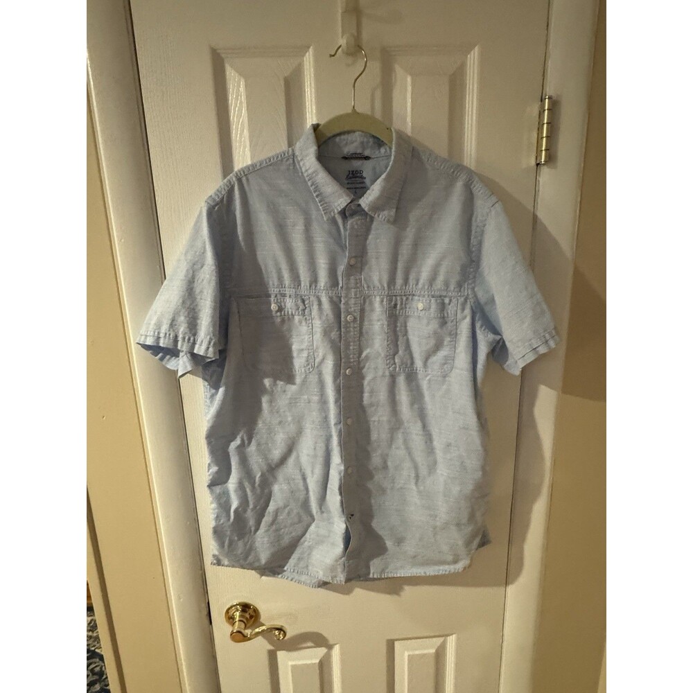 IZOD Button Shirt Mens Large Light Blue Striped Short Sleeve Coastal Beach
